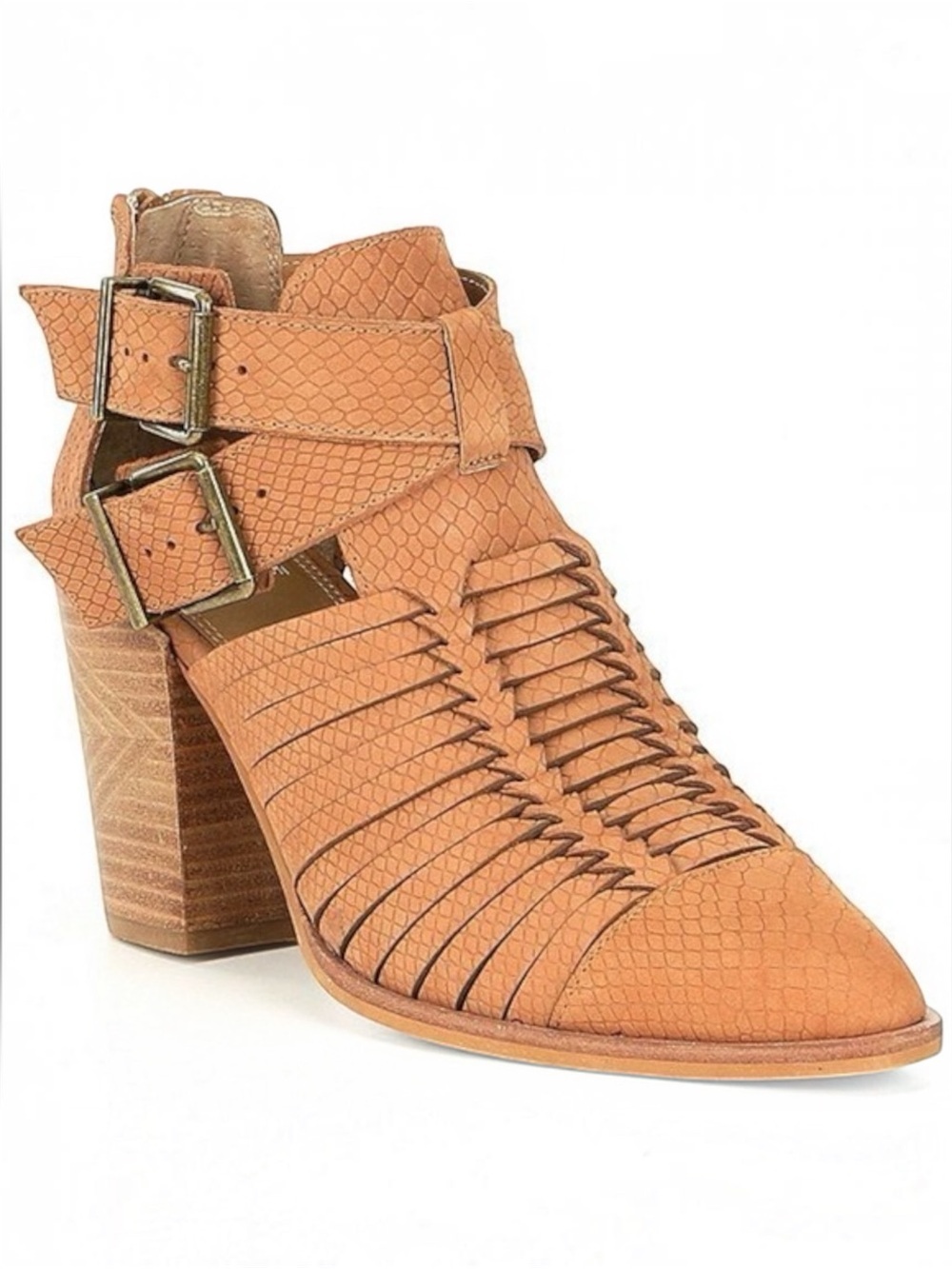 Gianni Bini Tan Leather Strappy Buckle Block Heel Ankle Boot Boho Size 9.5